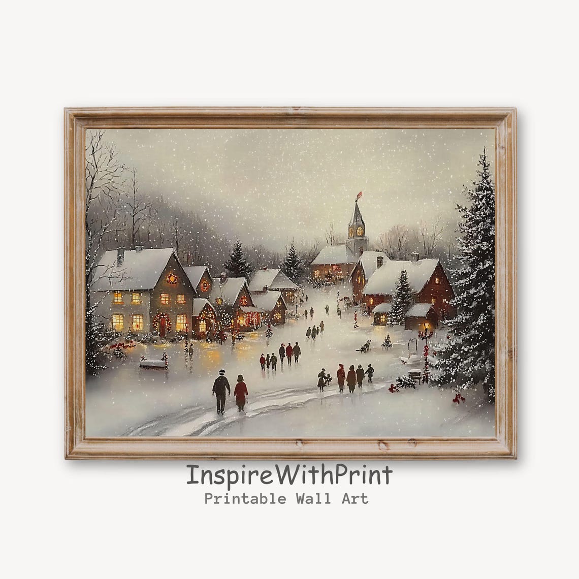 Snowy Village Christmas Poster Church Square Falling Snow Winter Scene