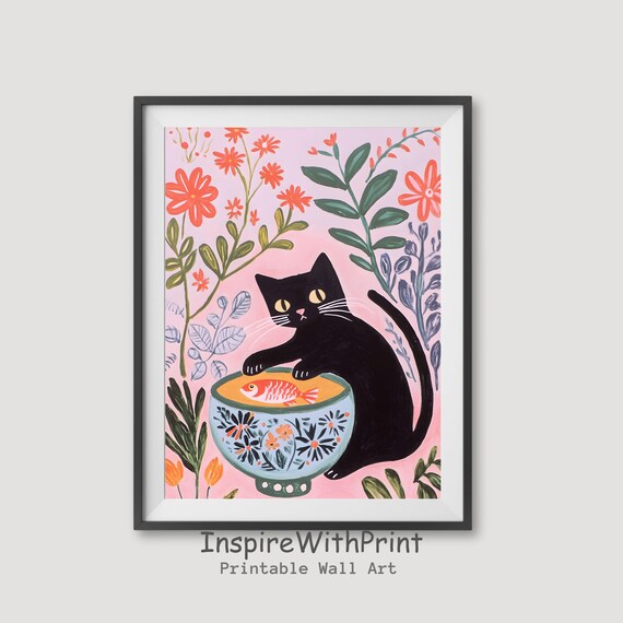 Black Cat Watching a Fish Bowl Pink Floral Whimsical Art Print