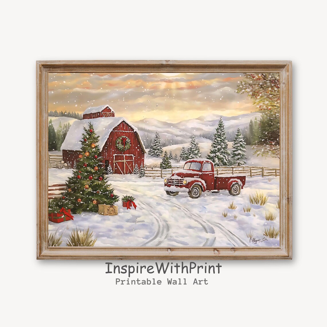 Snowy Red Barn Farmhouse Scene With Vintage Red Truck Christmas Poster