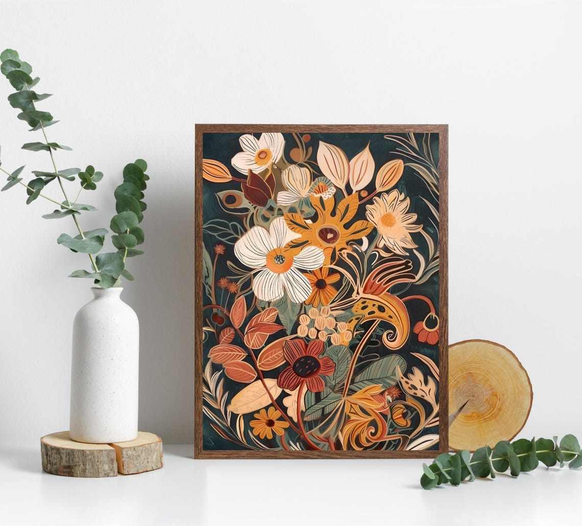 Mid Century Modern Boho Floral Bouquet Abstract Botanical Wall Art