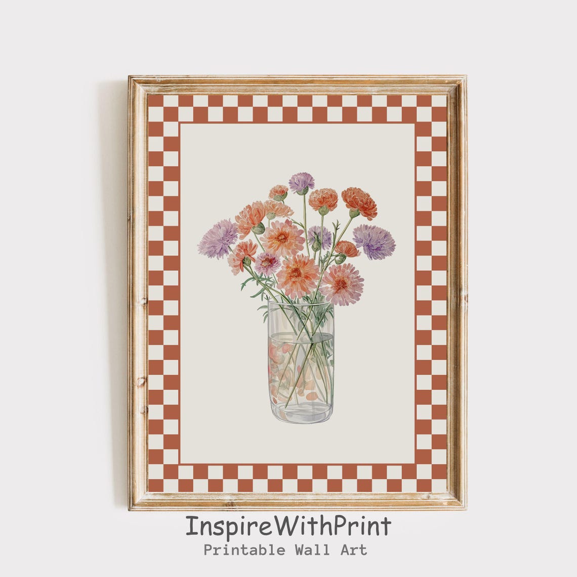 Wildflower Bouquet in Vase Terracotta Checkered Border Art Poster