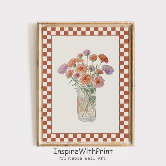 Wildflower Bouquet in Vase Terracotta Checkered Border Art Poster