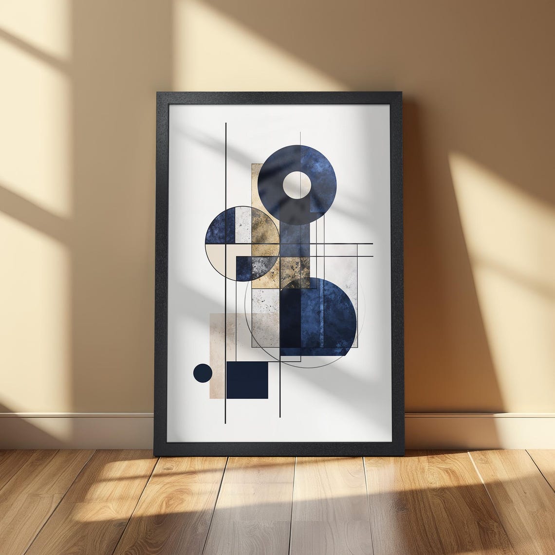 Modern Minimalist Framed Abstract Poster Contemporary Blue Gold Beige Geometric Art Sleek Print Office Wall Art Decor Gift For Him - Image 2