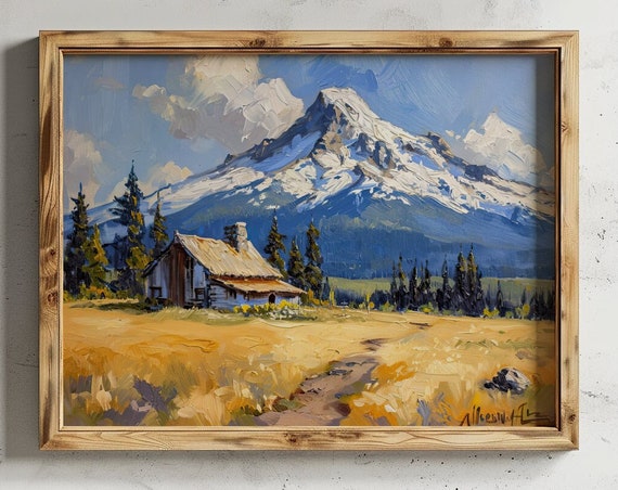 Mount Hood Print Antique Mountain Painting Oil Wall Art Landscape Scene