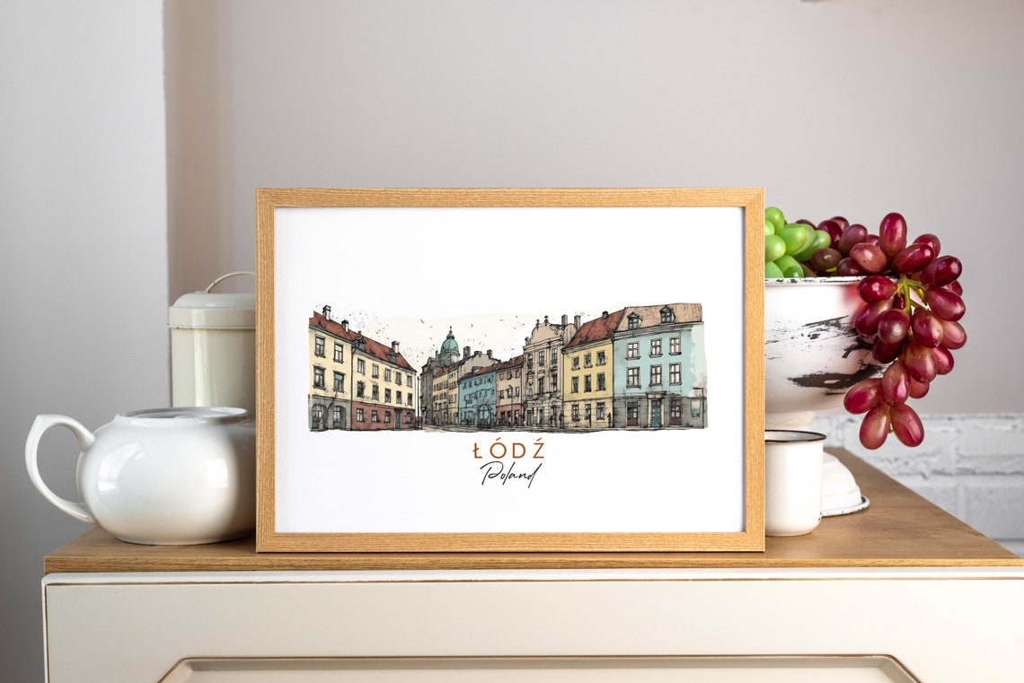 Lodz Poland Colorful Historic Street Ink Watercolor Town Poster - Image 3