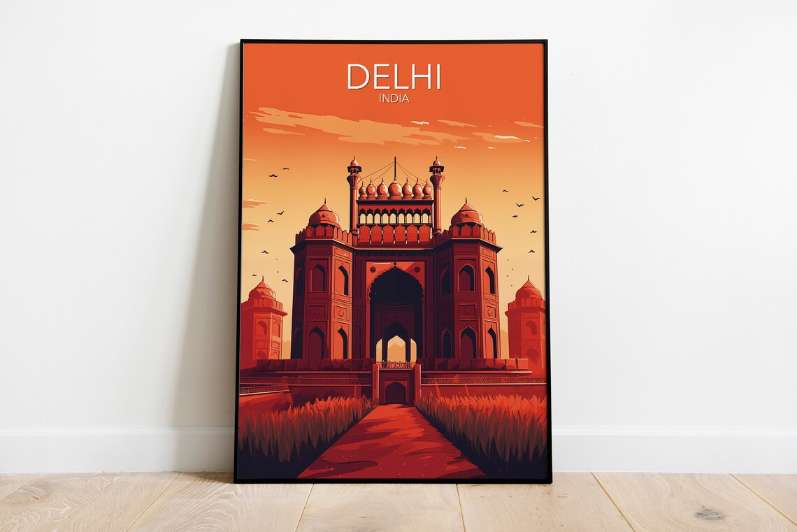 Delhi India Red Fort Sunset Mughal Gateway Vintage Travel Poster