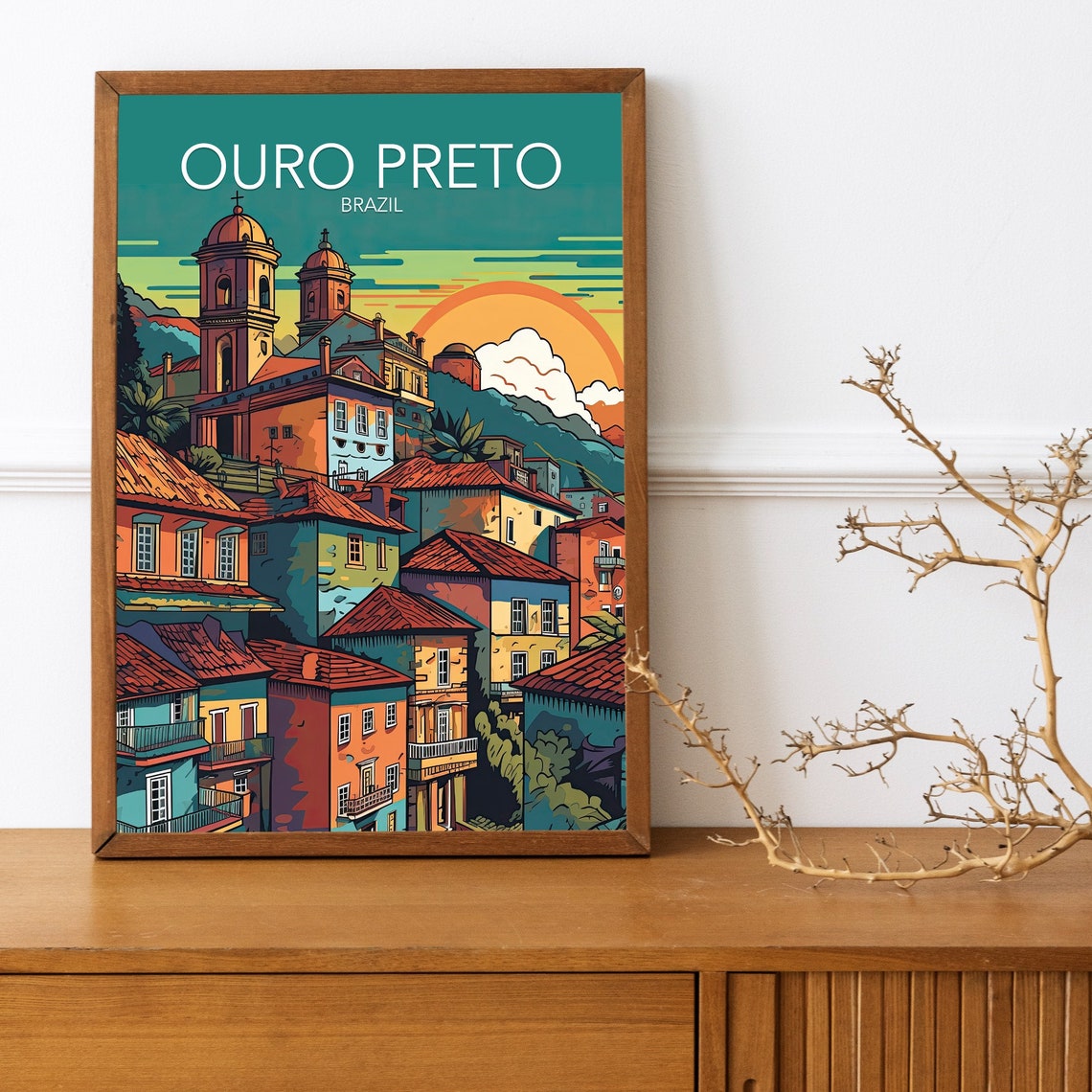 Ouro Preto Brazil Colonial Rooftops Sunset Modern Travel Poster