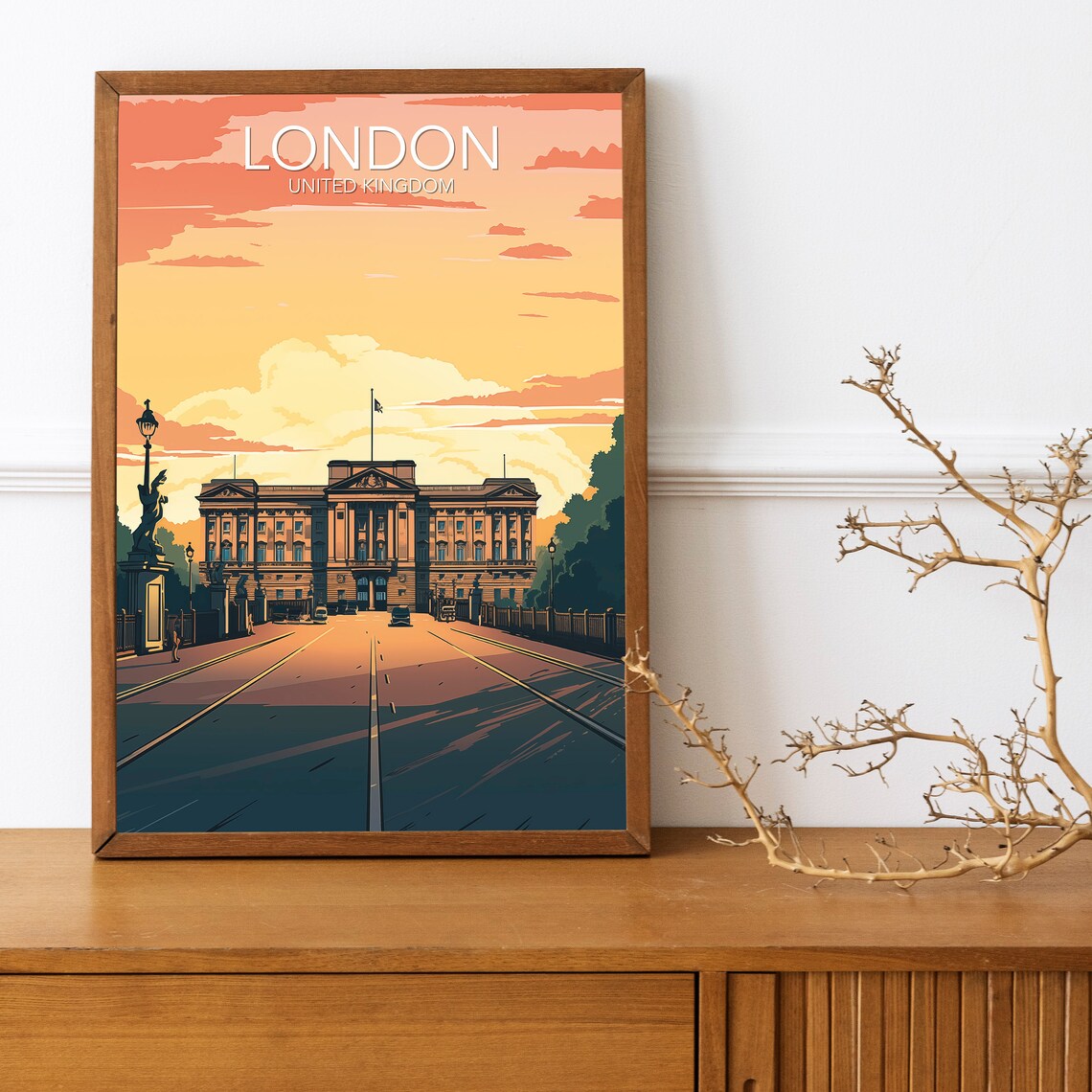 London England Buckingham Palace Golden Sunset Travel Poster