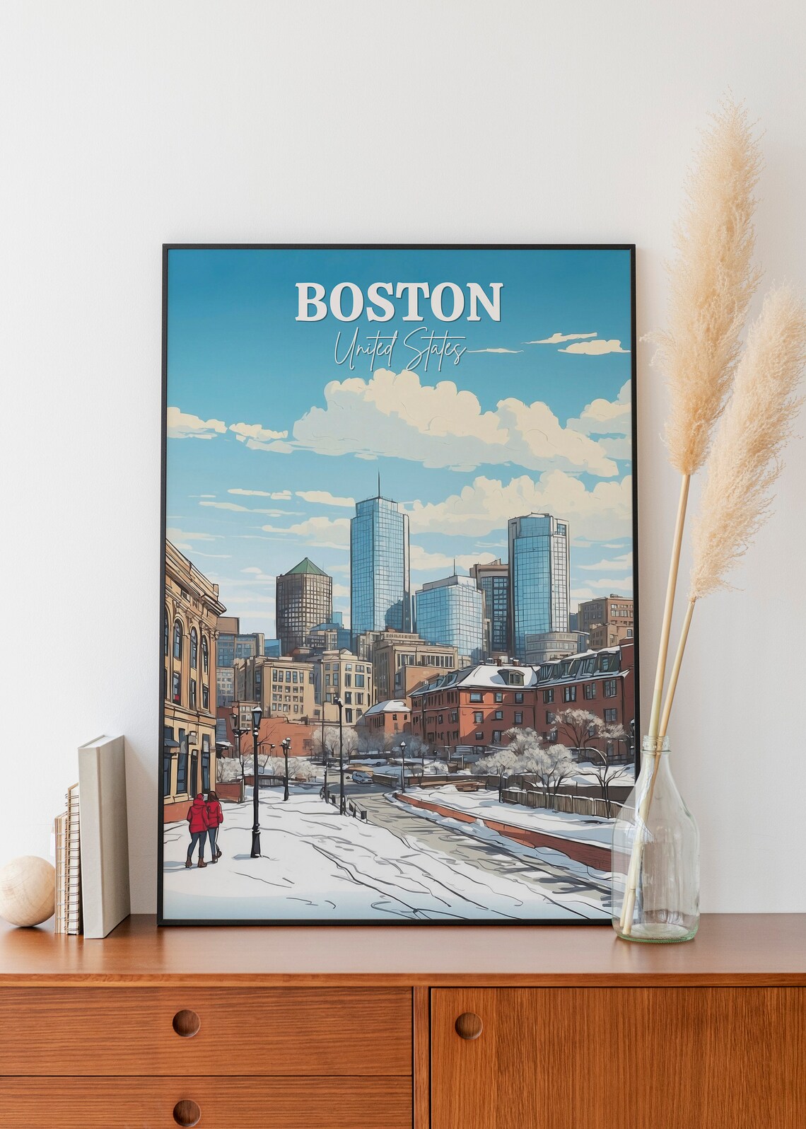 Boston United States Snowy Winter Street Downtown Skyline Poster - Image 2