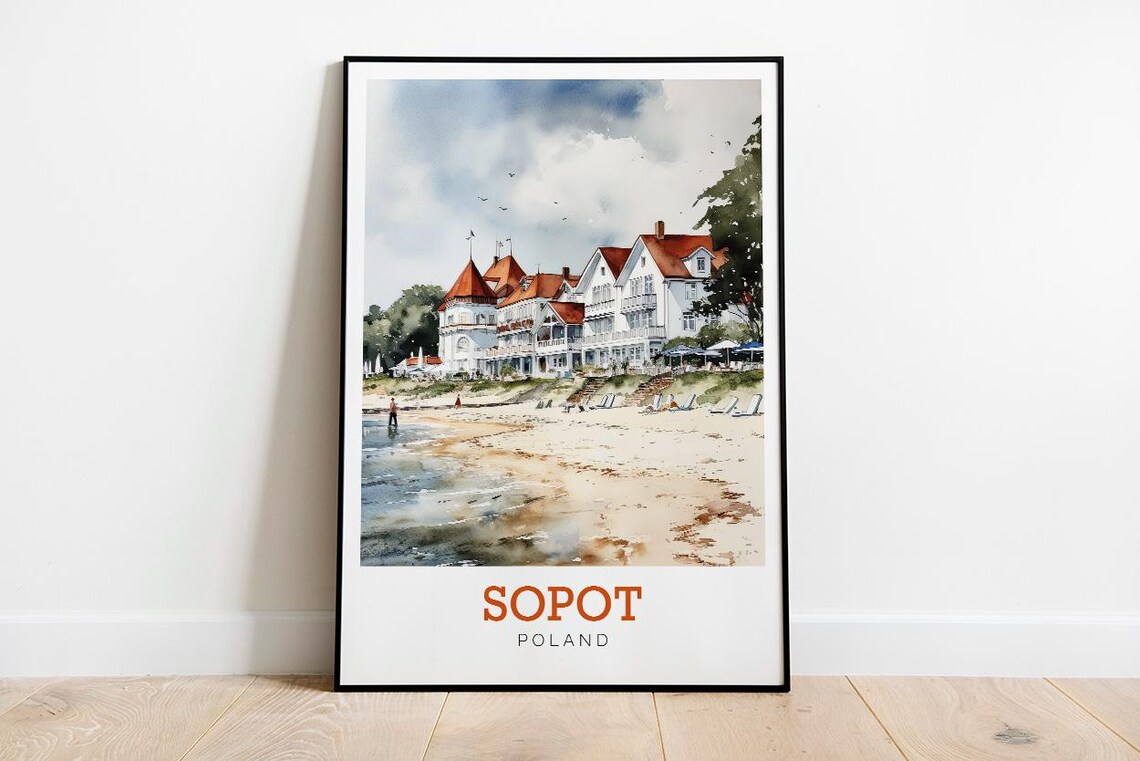Sopot Poland Beach Grand Hotel Watercolor Baltic Coast Travel Poster