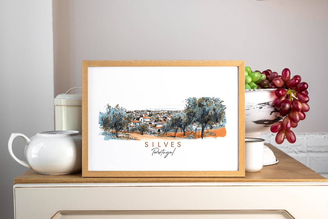Silves Portugal Historic Olive Grove Hillside Watercolor Poster - Image 3