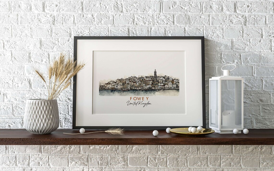 Fowey United Kingdom Harbor Town Watercolor Ink Sketch Art Poster - Image 2