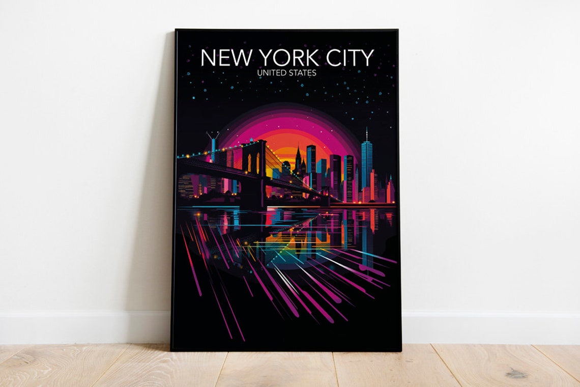 New York City Brooklyn Bridge Neon Night Harbor Skyline Poster