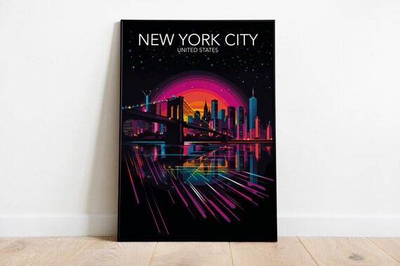 New York City Brooklyn Bridge Neon Night Harbor Skyline Poster