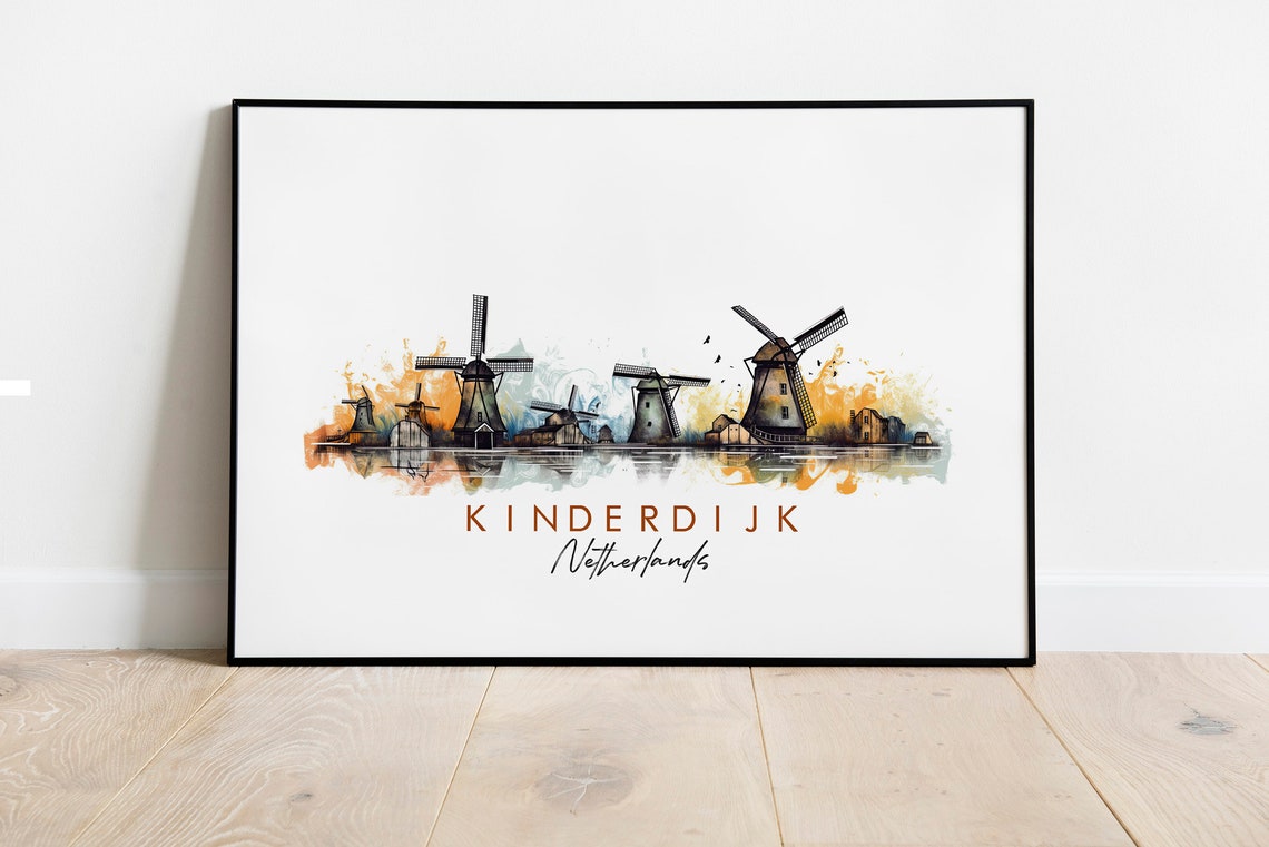 Kinderdijk Netherlands Windmills Reflection Ink Art Travel Poster