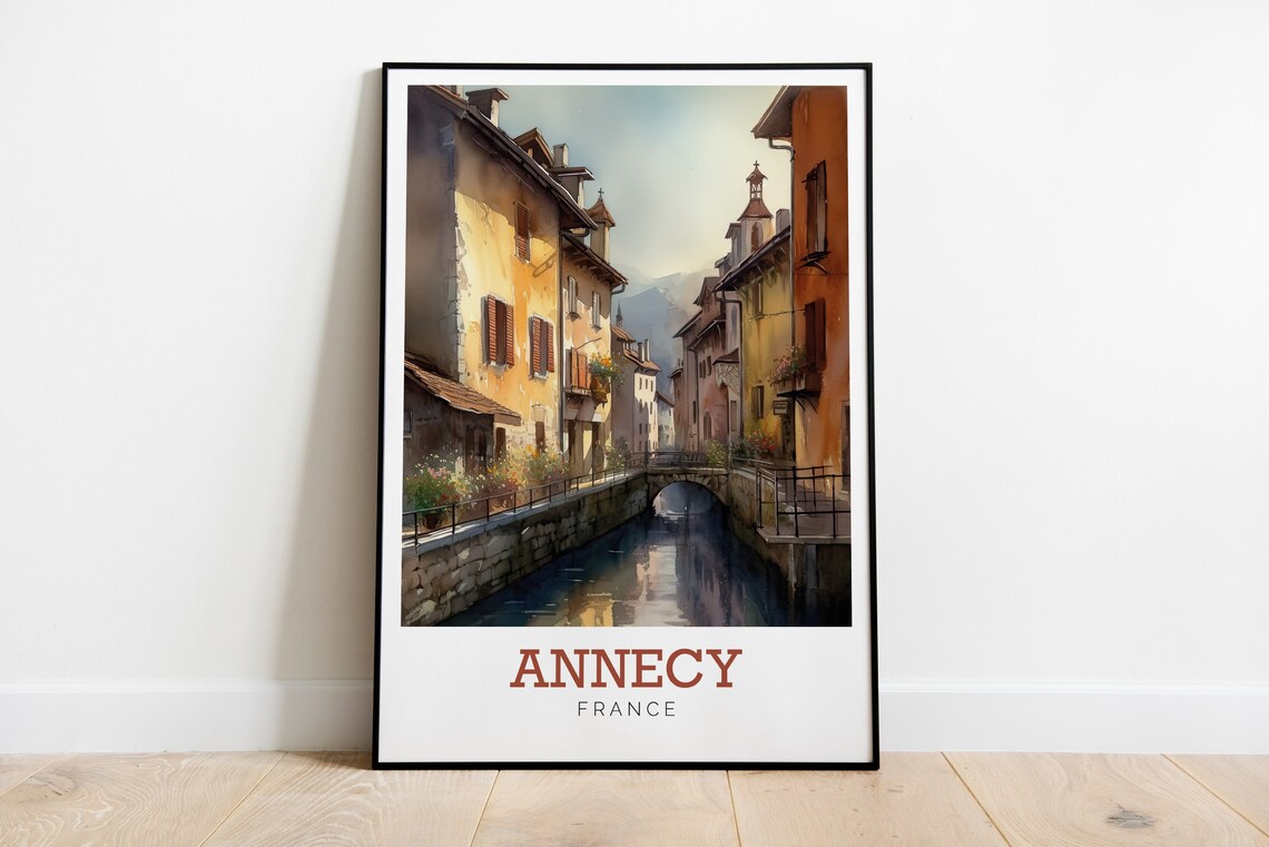 Annecy France Flower Lined Canal Watercolor Art Travel Poster