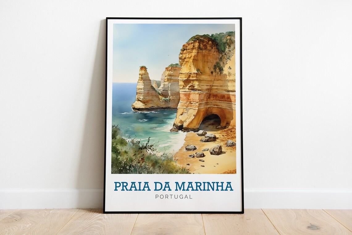 Praia Da Marinha Portugal Golden Sea Cliffs Watercolor Art Poster