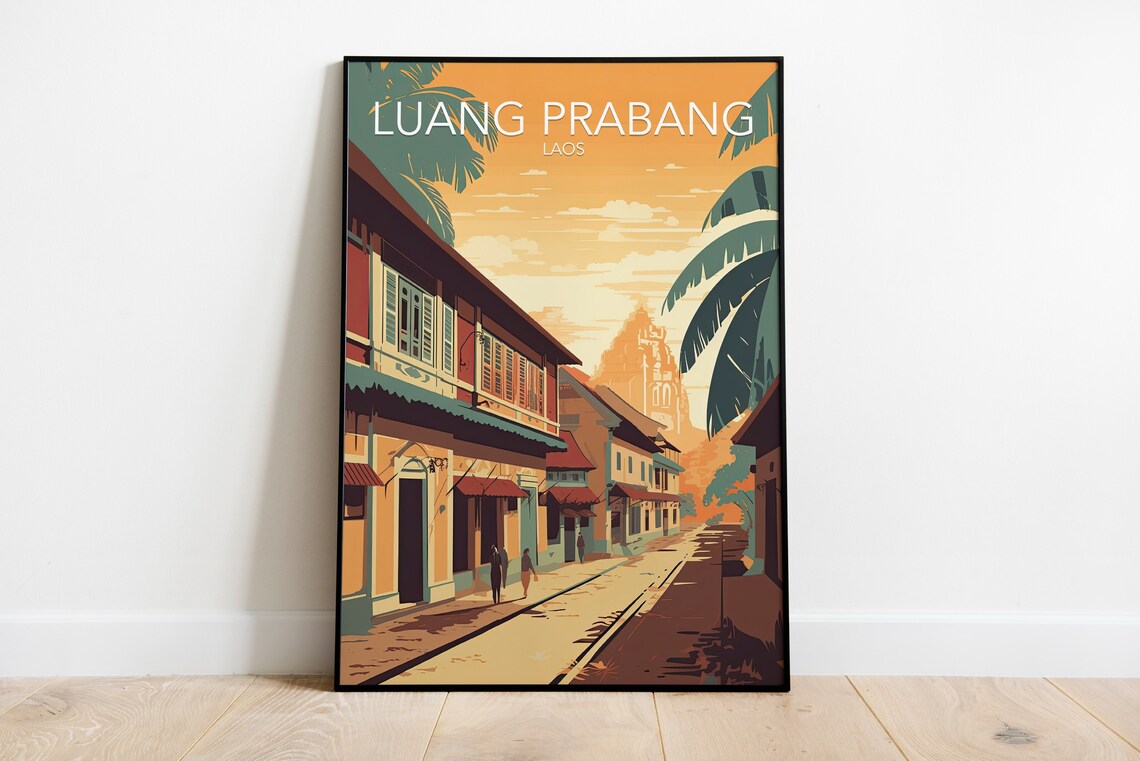Luang Prabang Laos Colonial Street Sunset Modern Travel Poster