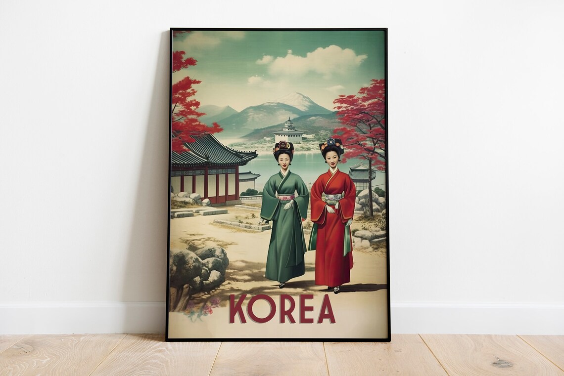 Korea Vintage 1950s Women Hanbok Palace Garden Scene Travel Poster