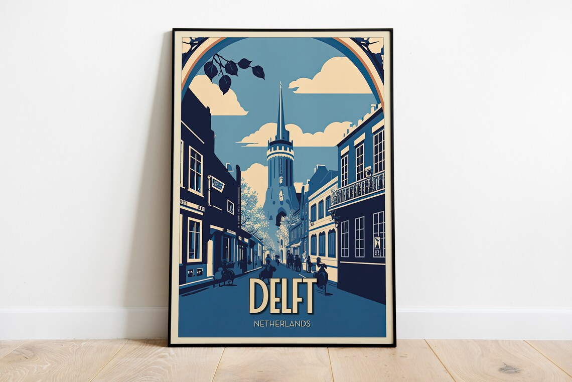 Delft Netherlands Charming Blue Street Church Spire Vintage Poster