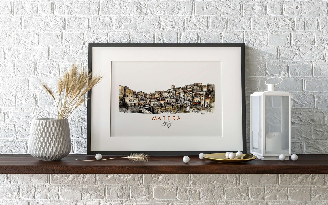 Matera Italy Hillside Stone Town Watercolor Ink Sketch Art Poster - Image 2