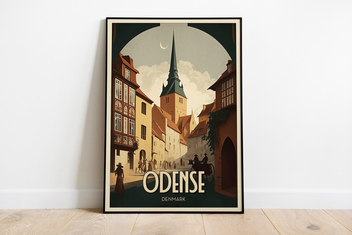 Odense Denmark Old Town Street Church Spire Vintage Travel Poster