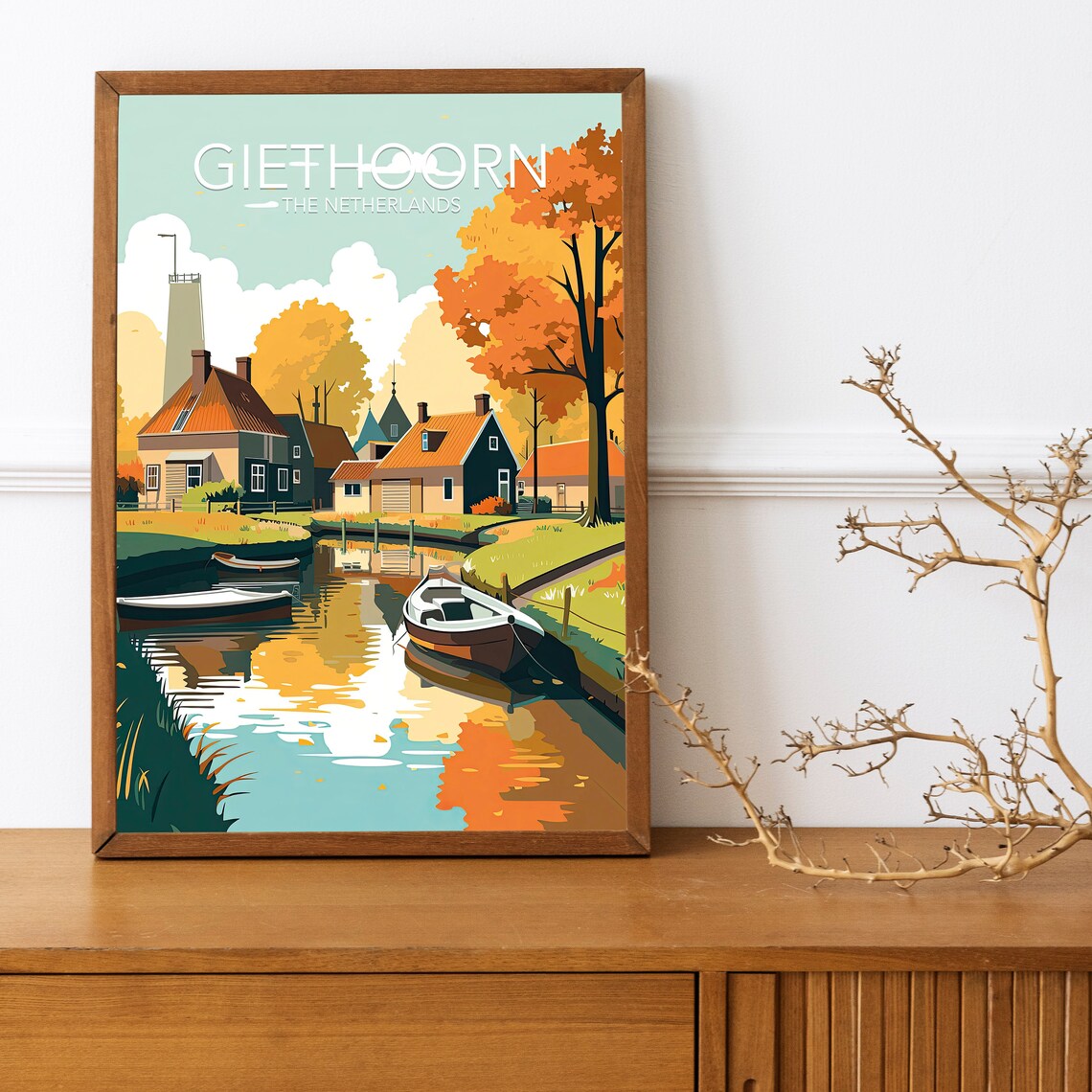 Giethoorn Netherlands Canal Village Autumn Boats Vintage Art Poster - Image 3