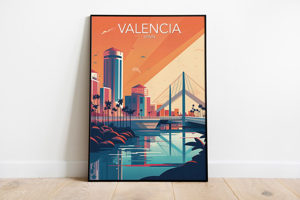 Valencia Modern Skyline River Bridge Spain Sunset Travel Poster