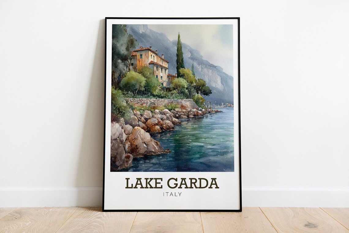 Lake Garda Italy Lakeside Villa Watercolor Art Travel Poster - Image 3
