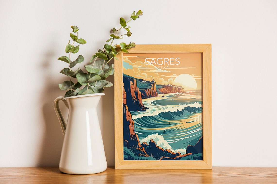 Sagres Portugal Sunset Cliffs Surf Waves Vintage Travel Art Poster - Image 2