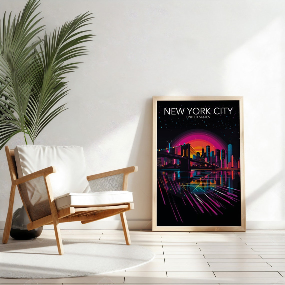New York City Brooklyn Bridge Neon Night Harbor Skyline Poster - Image 2