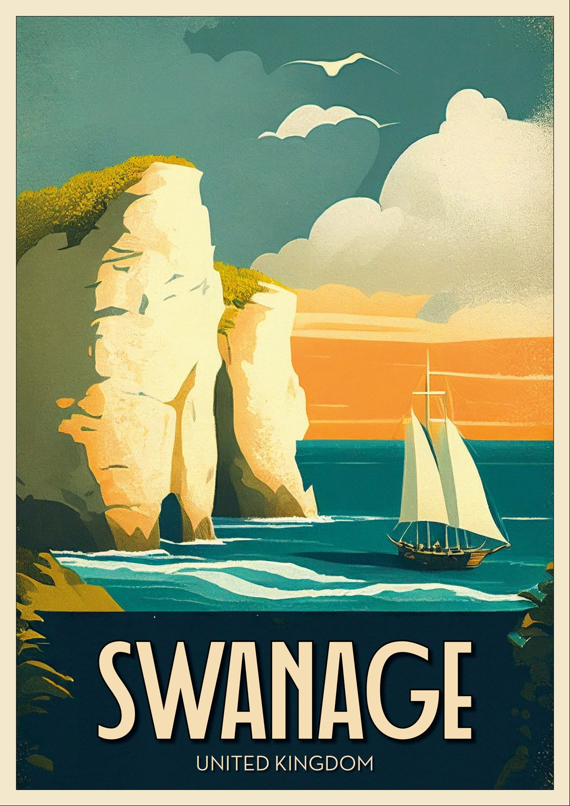 Swanage England Old Harry Rocks Chalk Stacks Vintage Travel Poster - Image 2