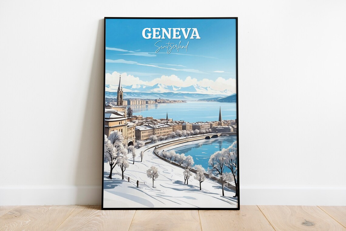 Geneva Switzerland Lake Winter Snowy Waterfront City View Poster
