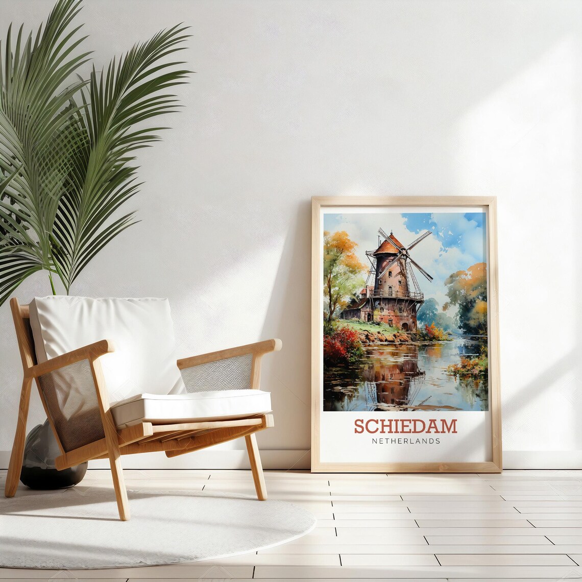 Schiedam Netherlands Windmill Watercolor Dutch Canal Travel Poster - Image 2