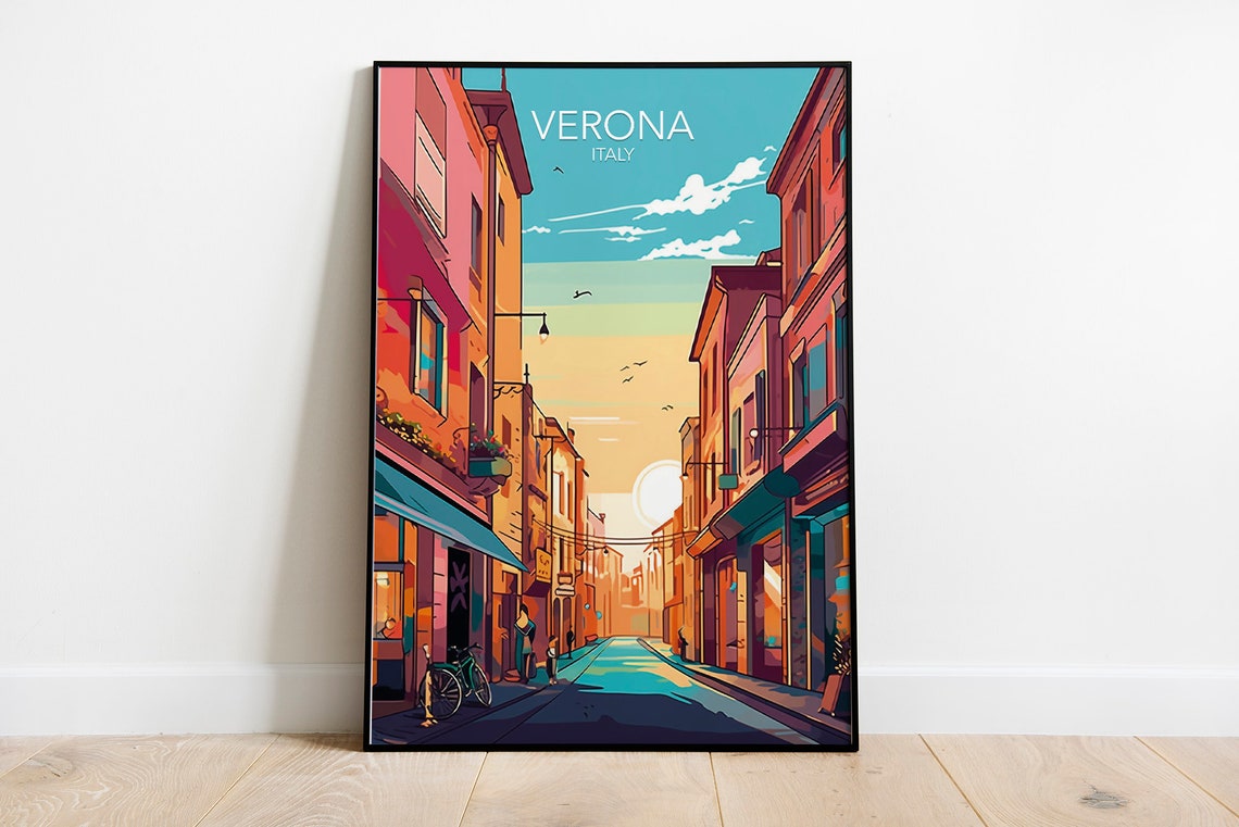 Verona Old Street Sunset Shops Italy Golden Hour Travel Poster
