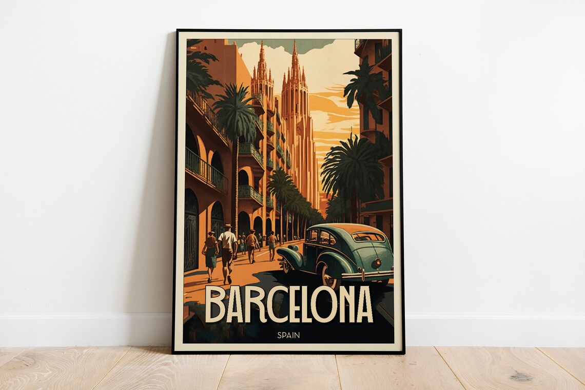 Barcelona Spain Cathedral Street Vintage Car Sunset Travel Poster - Image 2