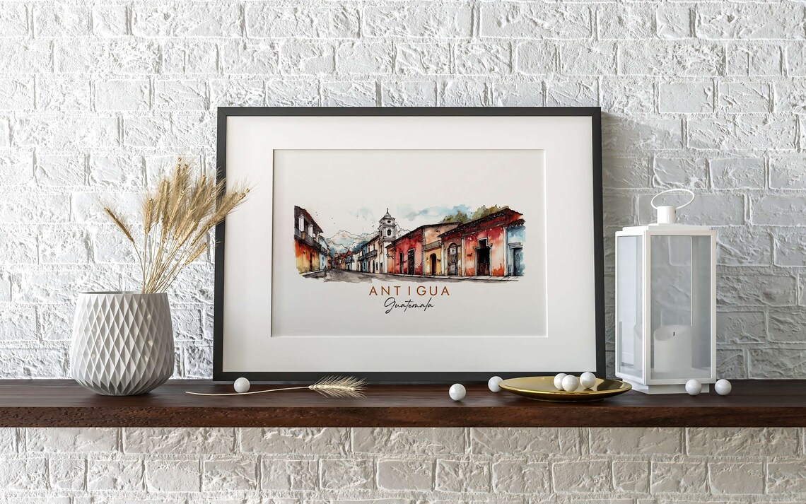 Antigua Guatemala Colonial Street Ink Watercolor City Travel Poster - Image 2