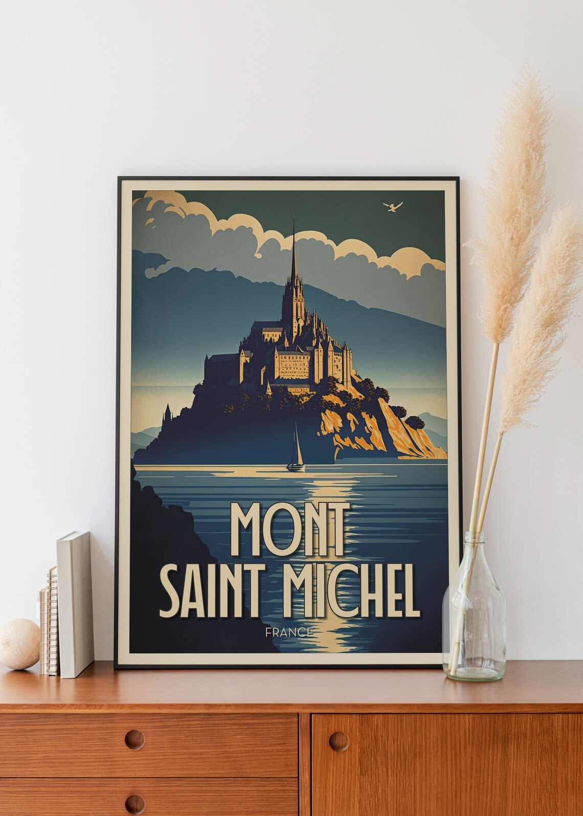 Mont Saint Michel France Island Gothic Abbey Night Vintage Poster - Image 2