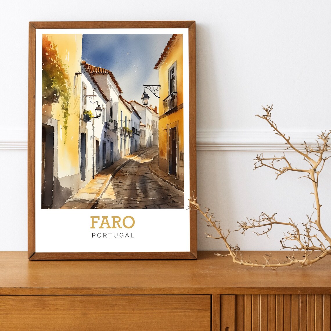 Faro Portugal Cobblestone Street Watercolor Art Travel Poster - Image 3