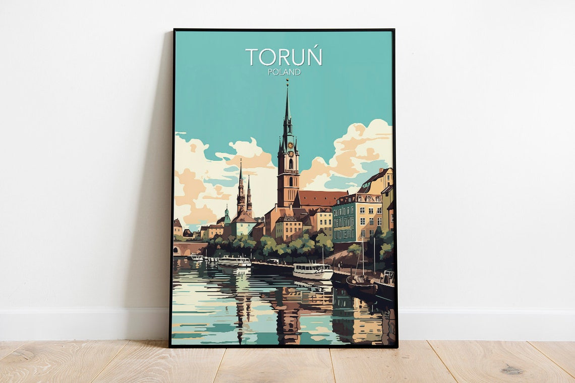 Toruń Riverside Old Town Church Towers Poland Vintage Travel Poster