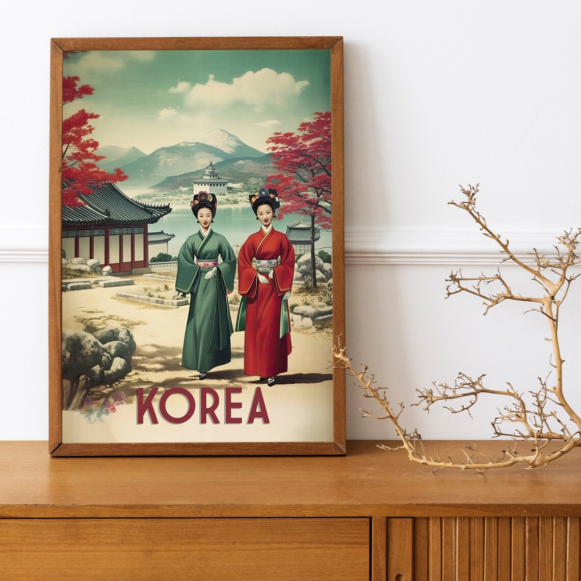 Korea Vintage 1950s Women Hanbok Palace Garden Scene Travel Poster - Image 2