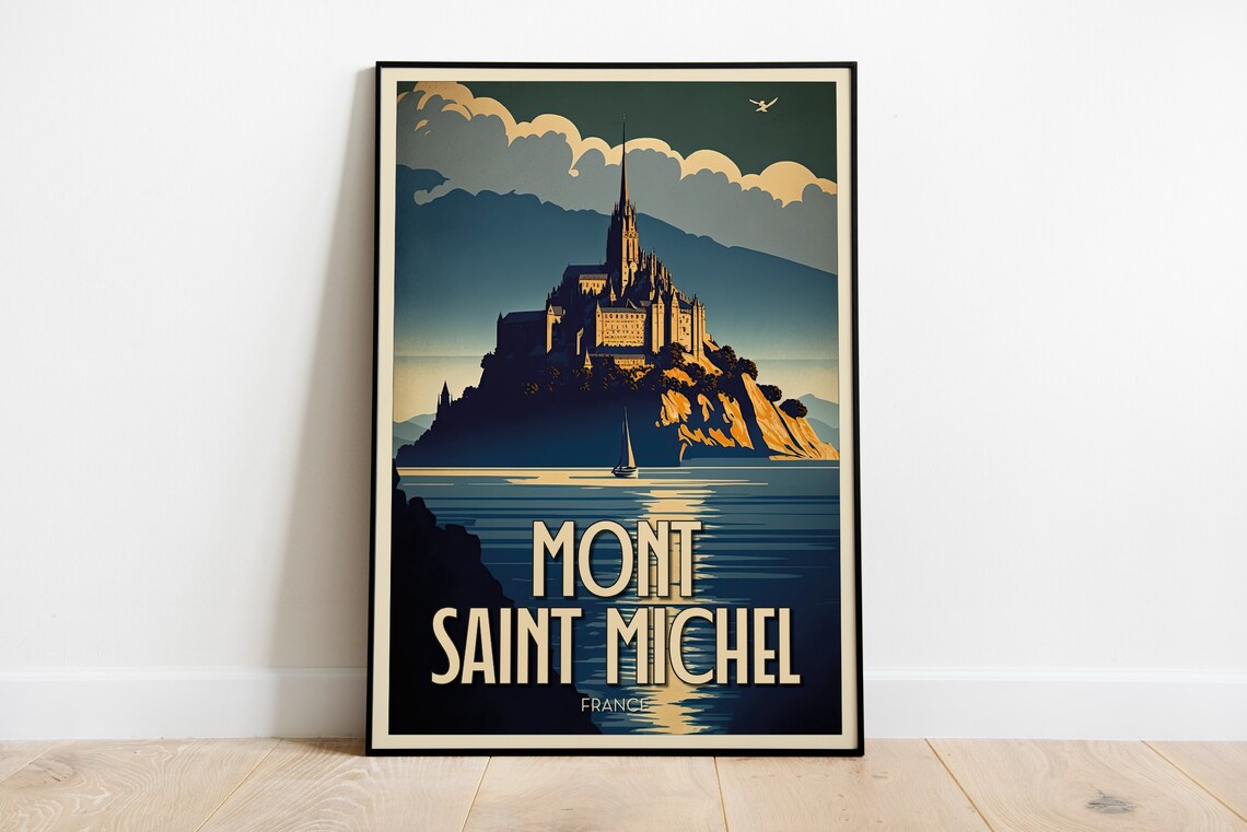 Mont Saint Michel France Island Gothic Abbey Night Vintage Poster