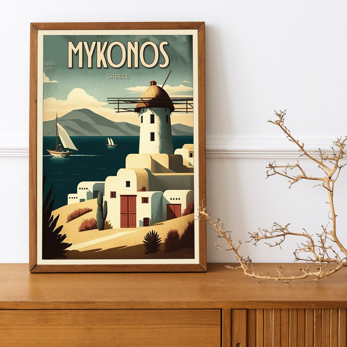 Mykonos Greece Windmill Whitewashed Village Vintage Travel Poster - Image 2