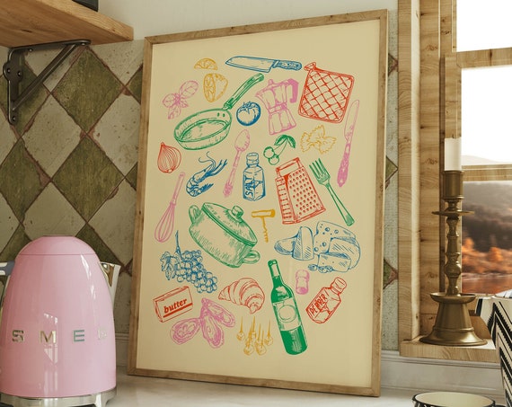 Retro Kitchen Food Art Print, Maximalist Decor