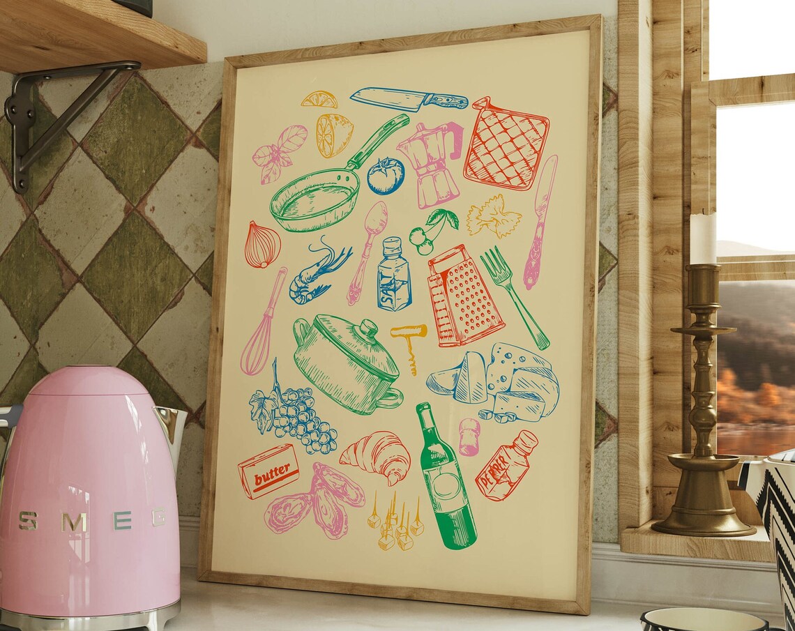 Retro Kitchen Food Art Print, Maximalist Decor