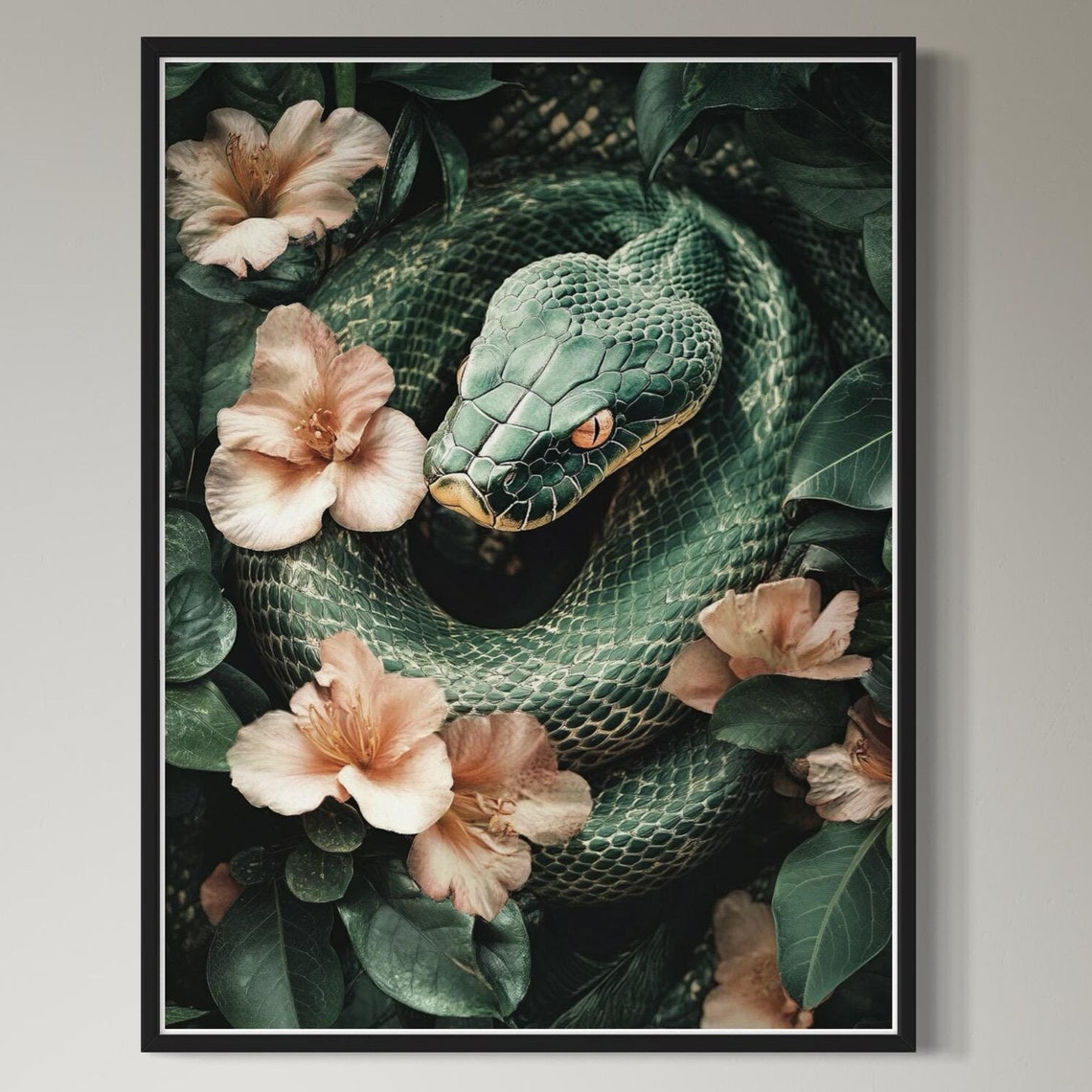 Green Tree Python Art Print Snake Painting Jungle Tropical Leaves Artwork Wildlife Decor Vintage Modern Style Exotic Snake Reptile Drawing