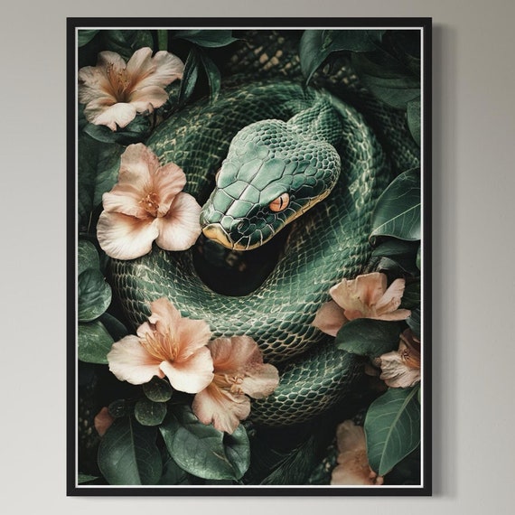 Green Tree Python Art Print Snake Painting Jungle Tropical Leaves Artwork Wildlife Decor Vintage Modern Style Exotic Snake Reptile Drawing