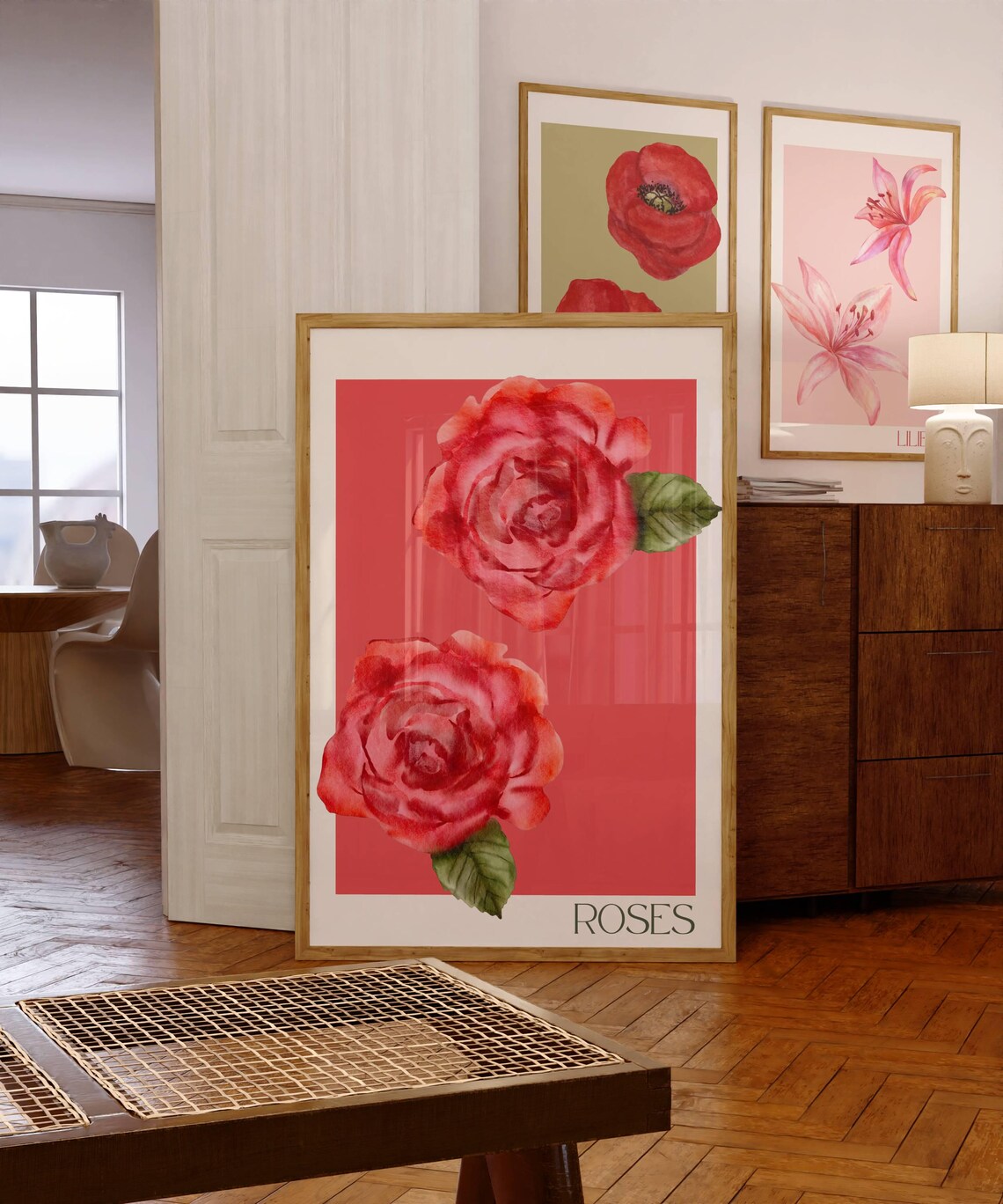 Red Roses Watercolor Floral Coral Pink Romantic Botanical Art Poster
