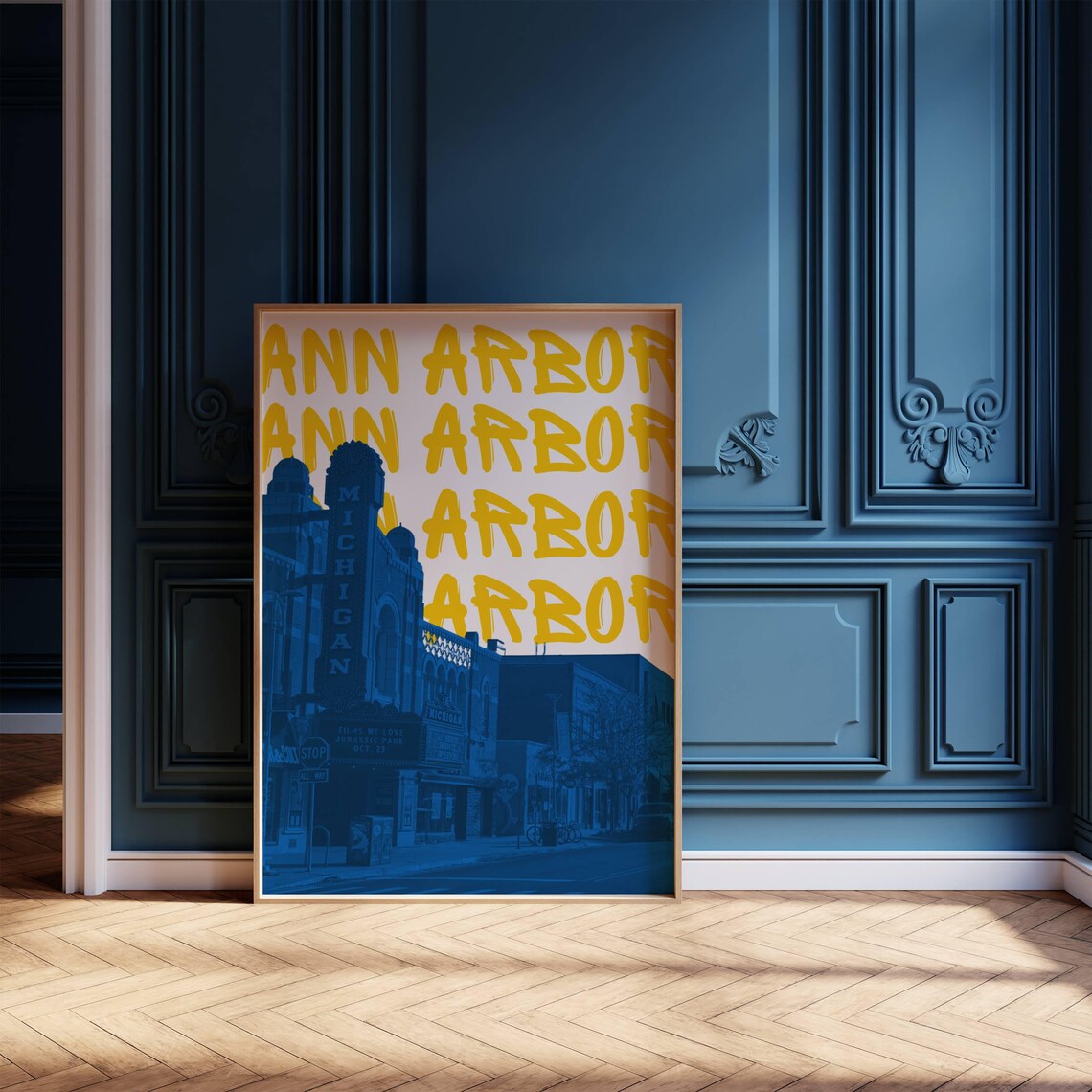 Ann Arbor Michigan Theater Retro College Town Blue Photo Art Poster