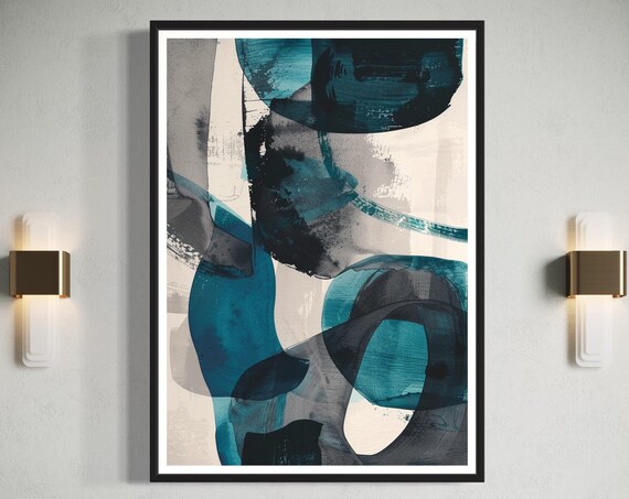 Grey Turquoise Abstract Art Print, Mid-Century Modern
